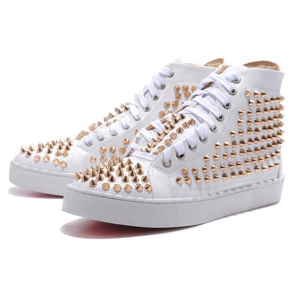 Men's Christian Louboutin Louis Gold Spikes High Top Sneakers White ...